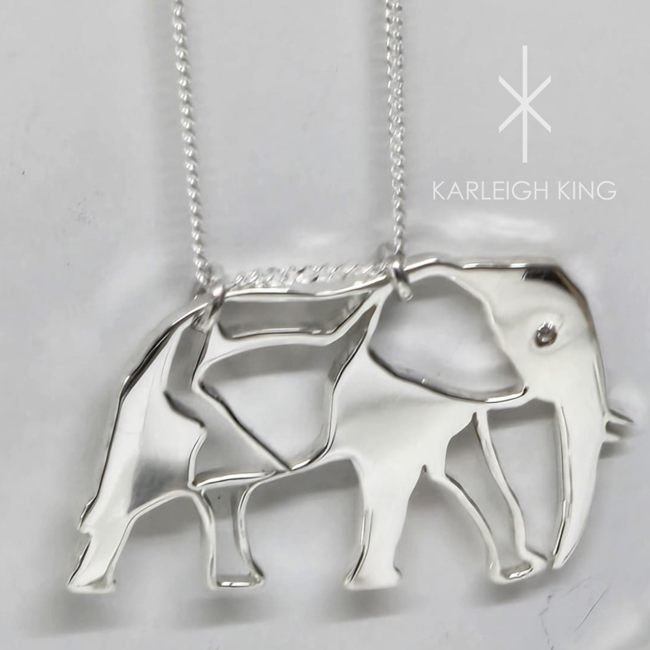 Sterling Silver Elephant Necklace with Diamond Eye