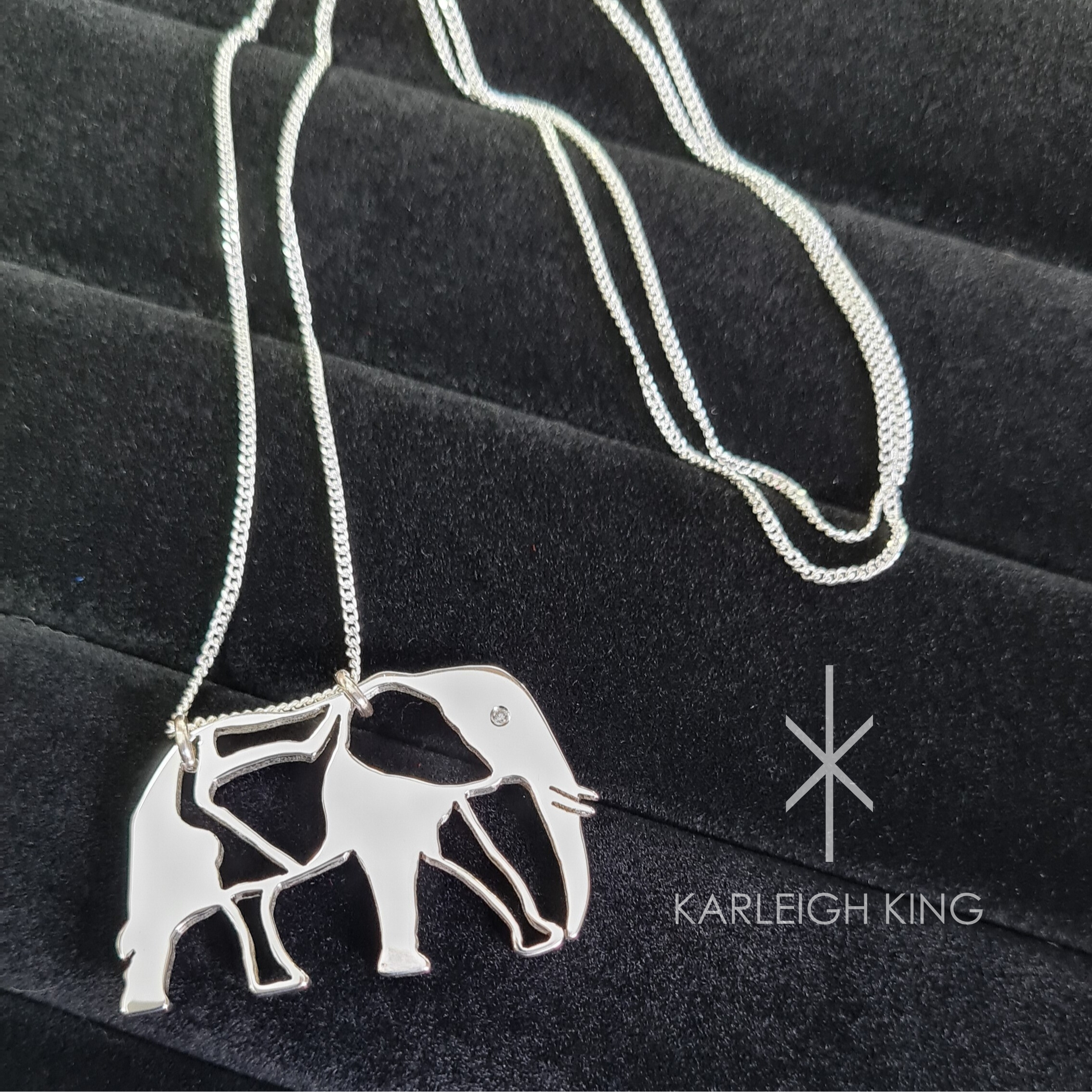 Sterling Silver Elephant Necklace with Diamond Eye