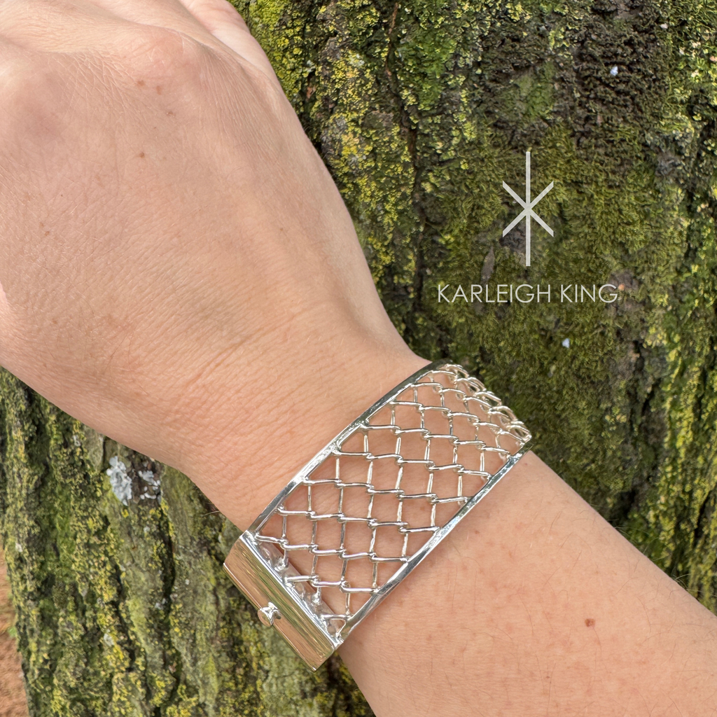 Sterling Silver Diamond Fence Motif Cuff Bangle