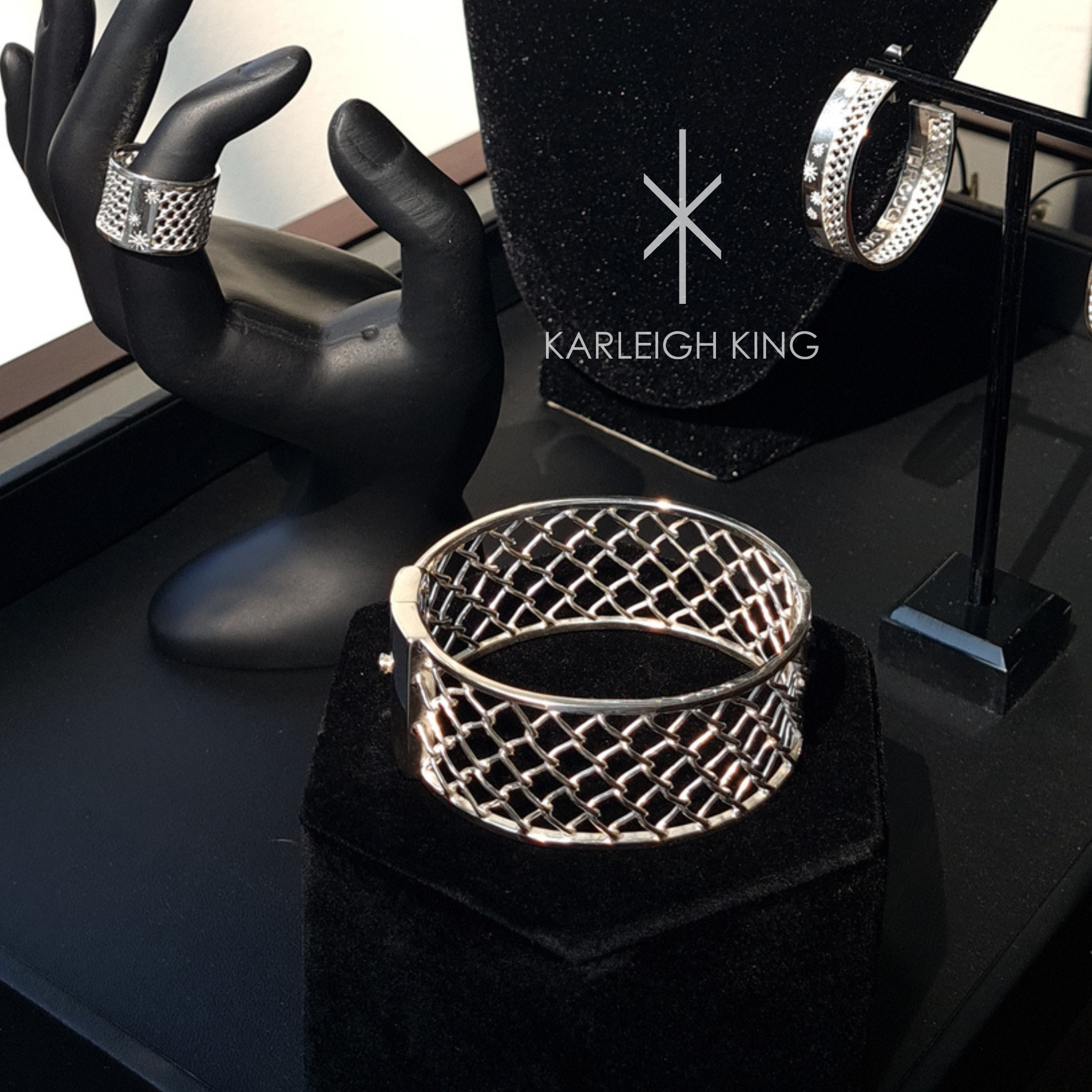 Sterling Silver Diamond Fence Motif Cuff Bangle