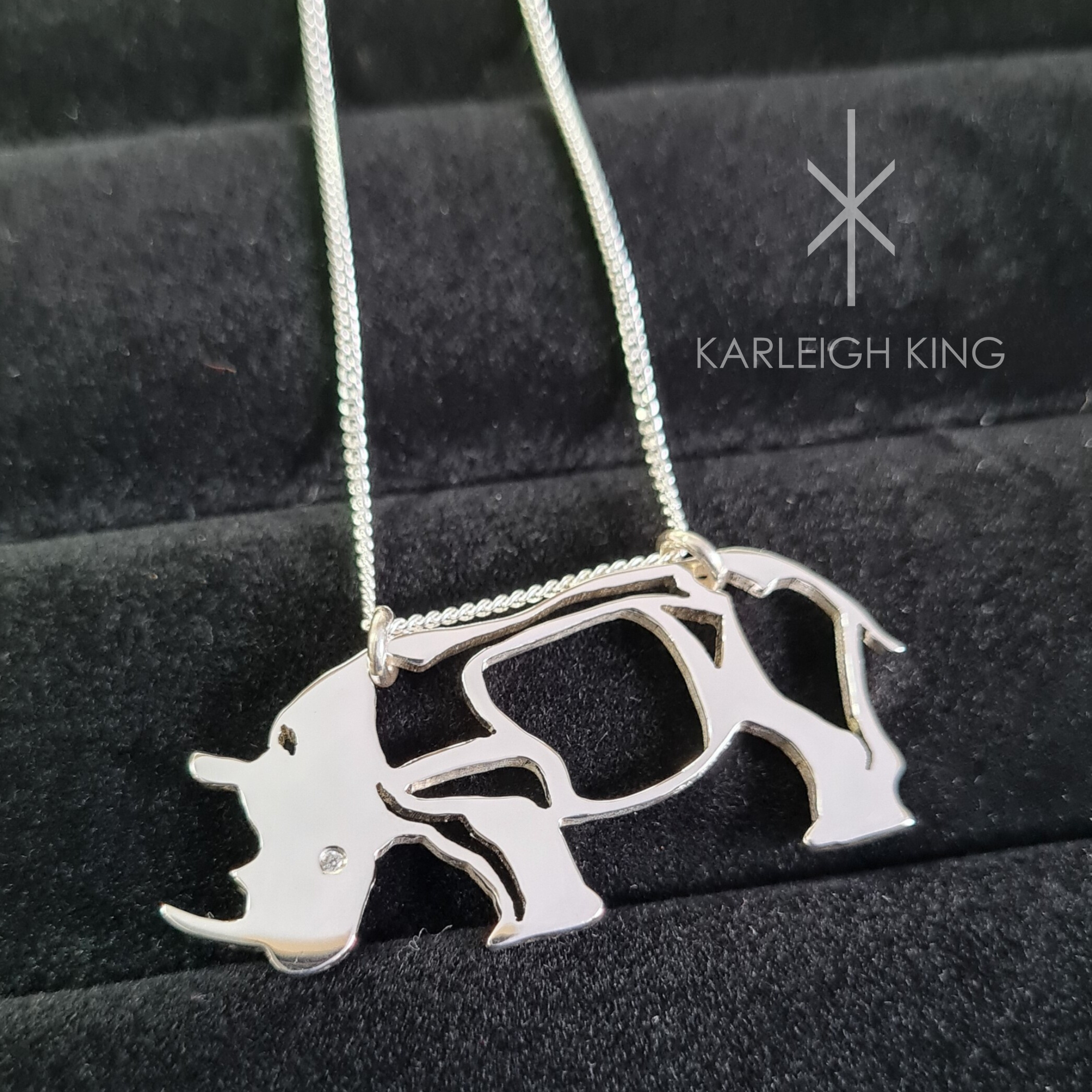 Sterling Silver African Rhino Necklace with Diamond Eye