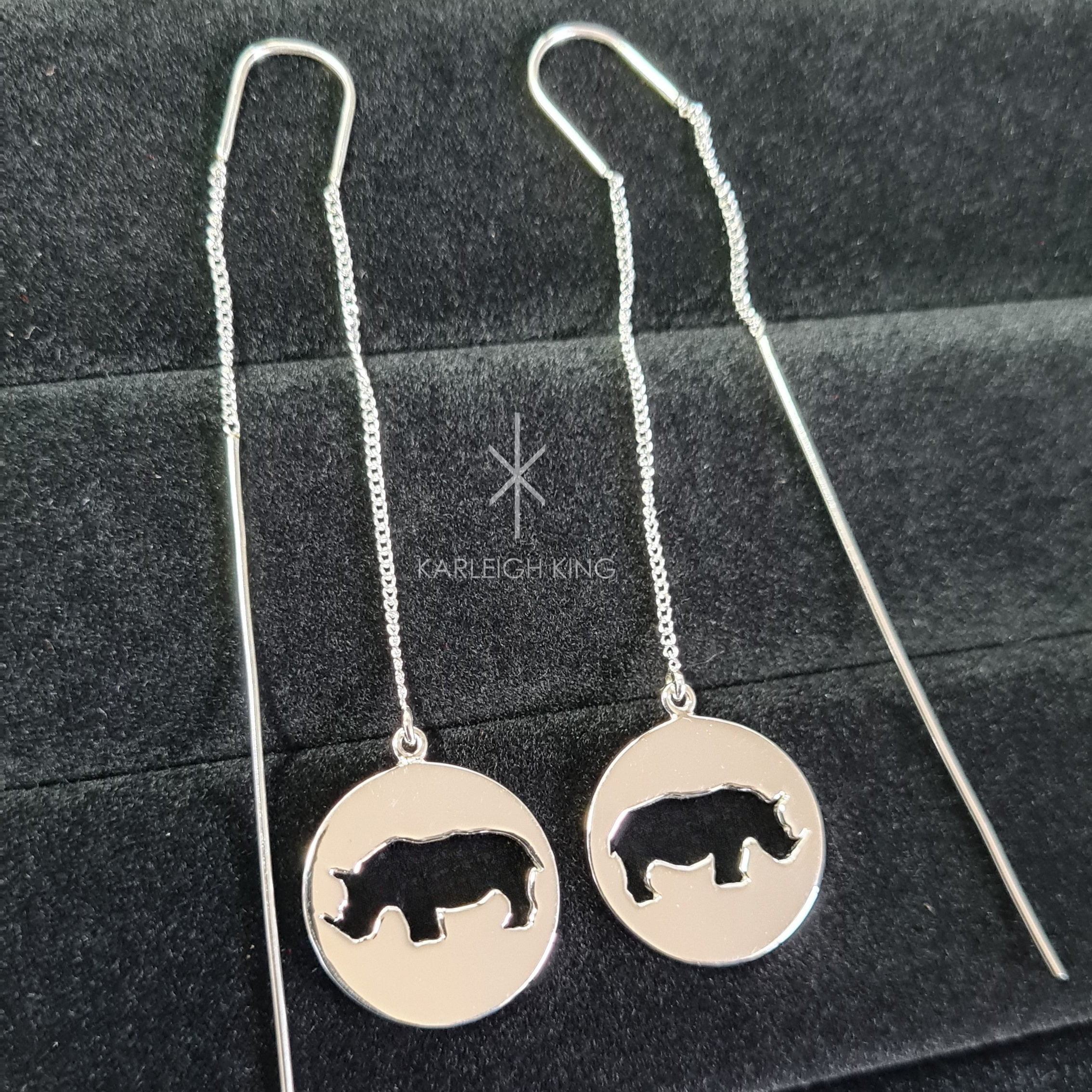 Sterling Silver African Rhino Disc Drop Chain Earrings