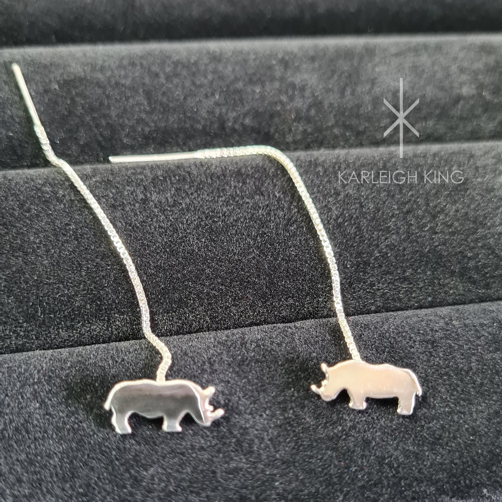 Sterling Silver African Rhino Stud Chain Drop Earrings