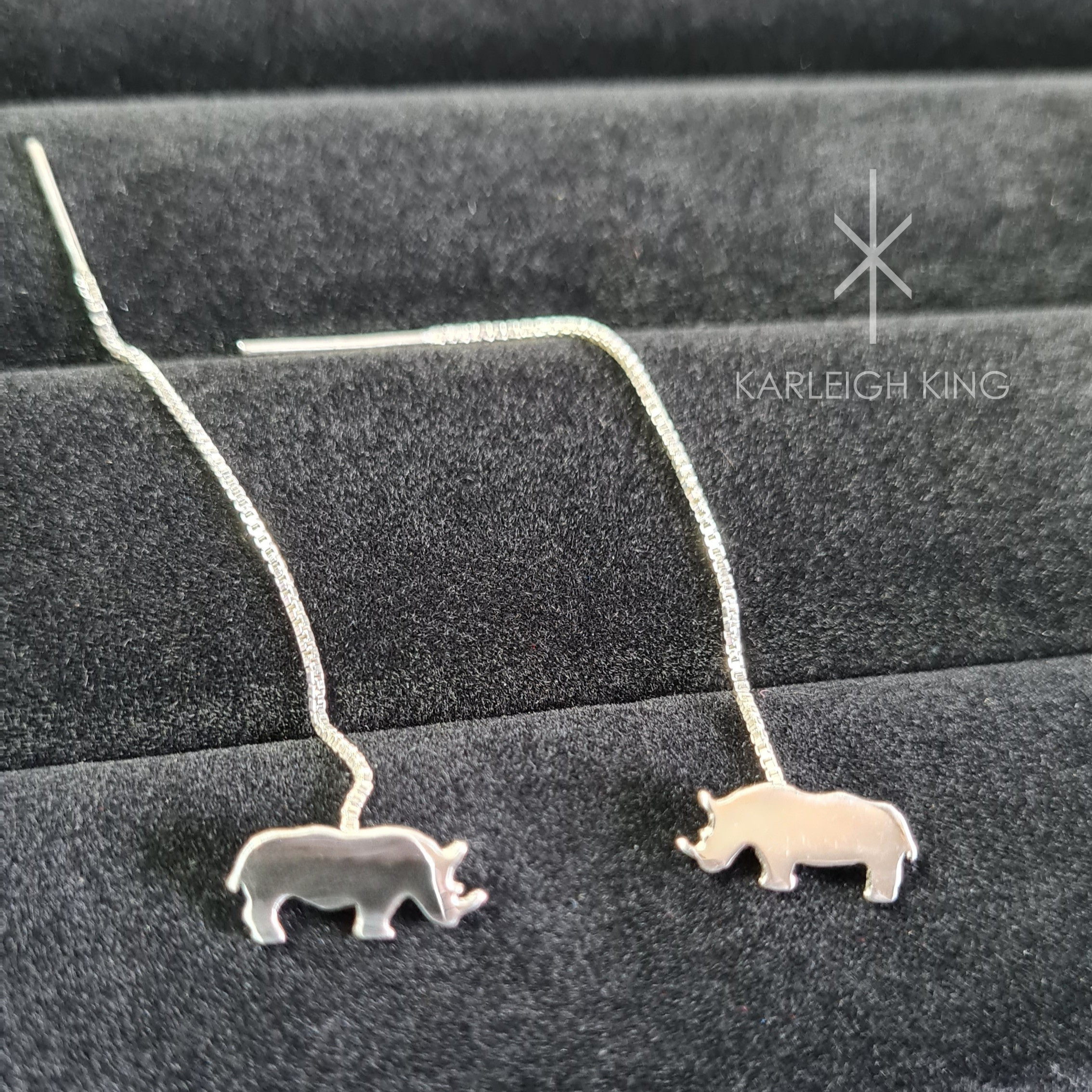 Sterling Silver African Rhino Stud Chain Drop Earrings