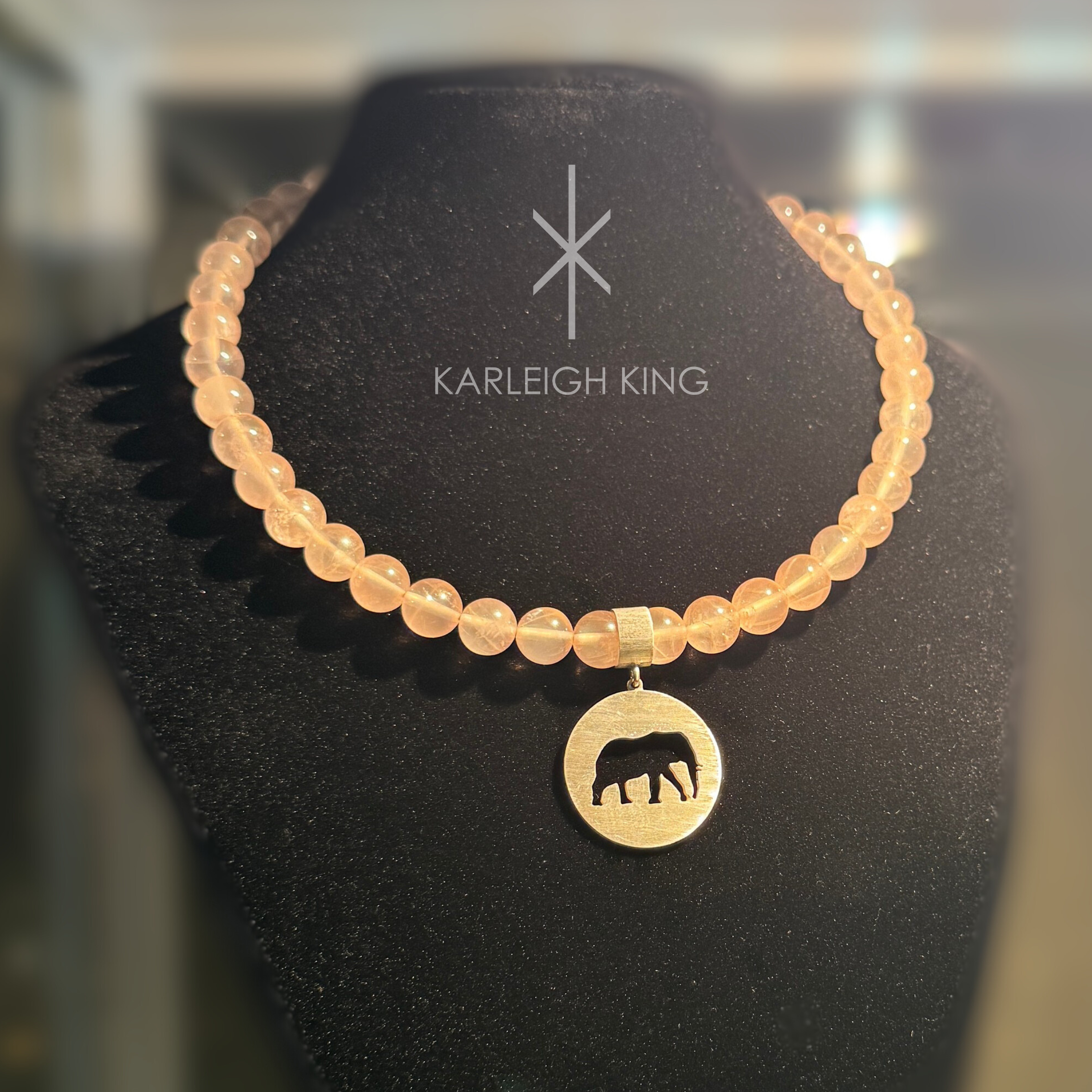 Sterling Silver African Elephant Disc Rose Quartz Choker Necklace